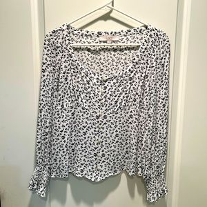 Loft XS White Blouse with Black Pattern